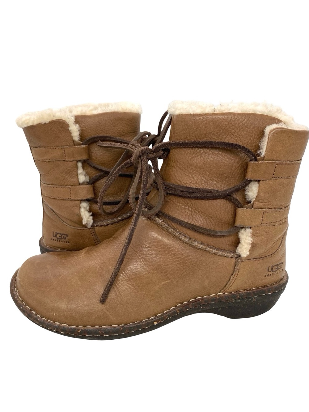 UGG Caspia 1932 Tan Leather Lace Up Ankle Sheepskin Boots Size 8